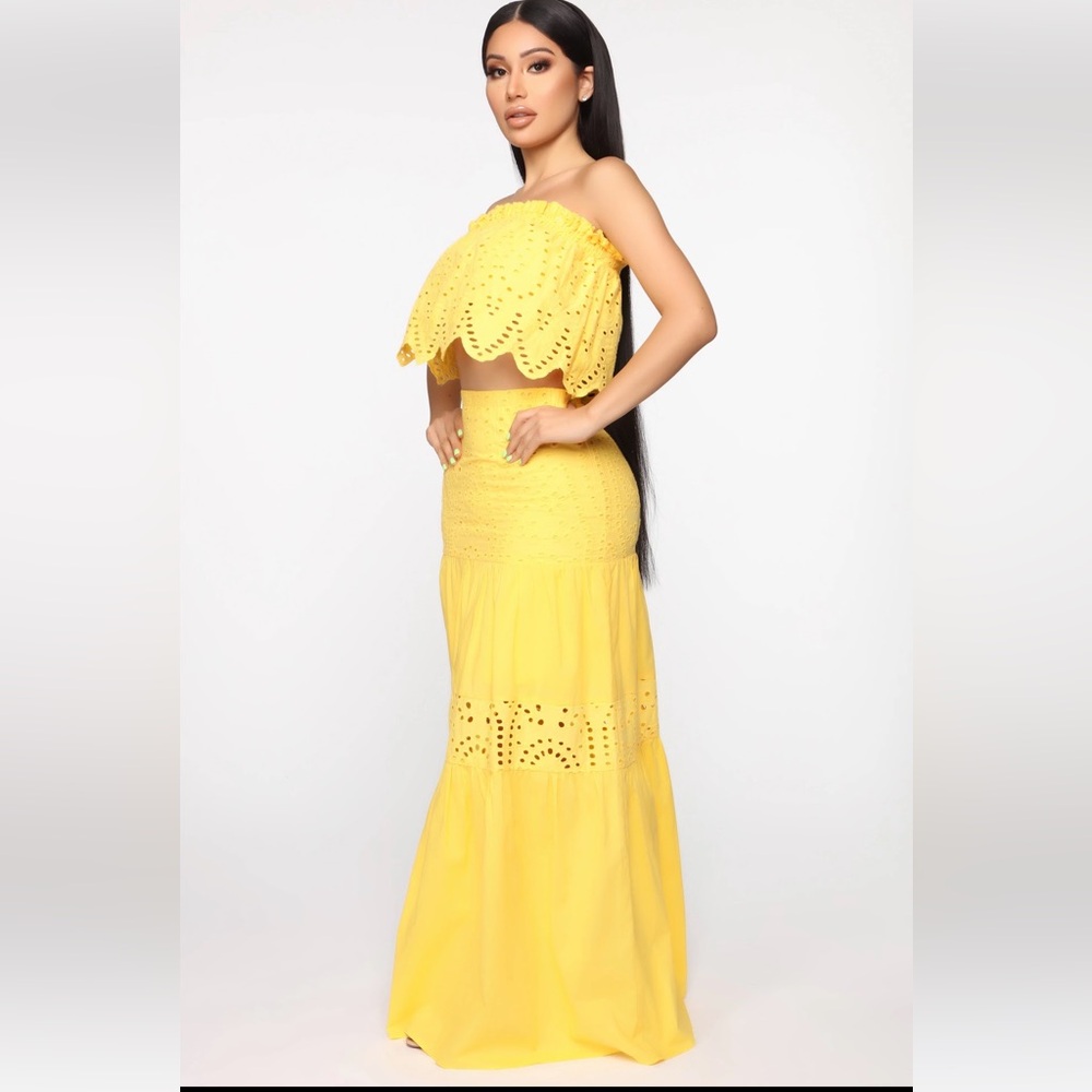 Fashion Nova Yellow Two-Piece Eyelet crochet Maxi Dress - Picture 2 of 7